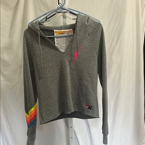 Aviator Nation Gray Hoodie with Pink and Rainbow Details